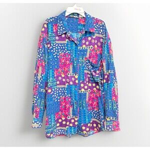 Vintage Patchwork Print Floral Button Down Shirt Colorful Beaded Oversized Sz S